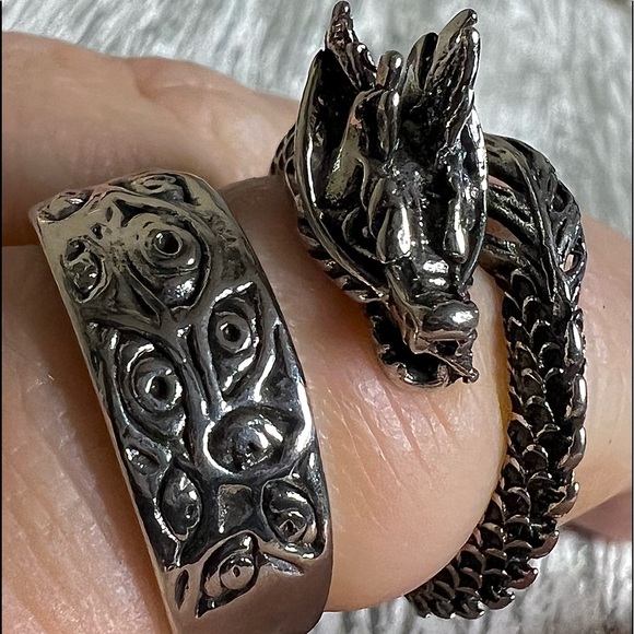 925 Silver Gothic Monster Eye Punk Biker Band Ring + free dragon adjustable - Picture 2 of 5